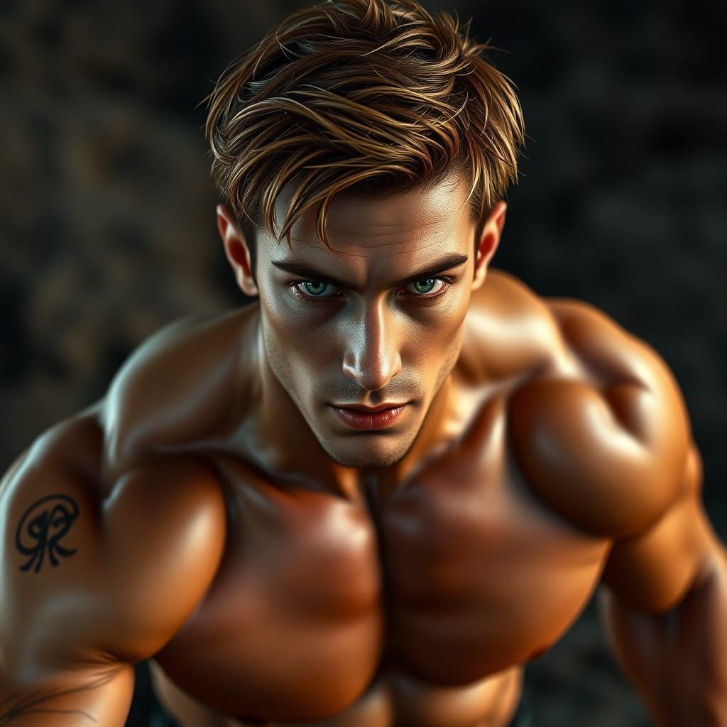Muscular Male Figure in Intense Stance with Piercing Green E...