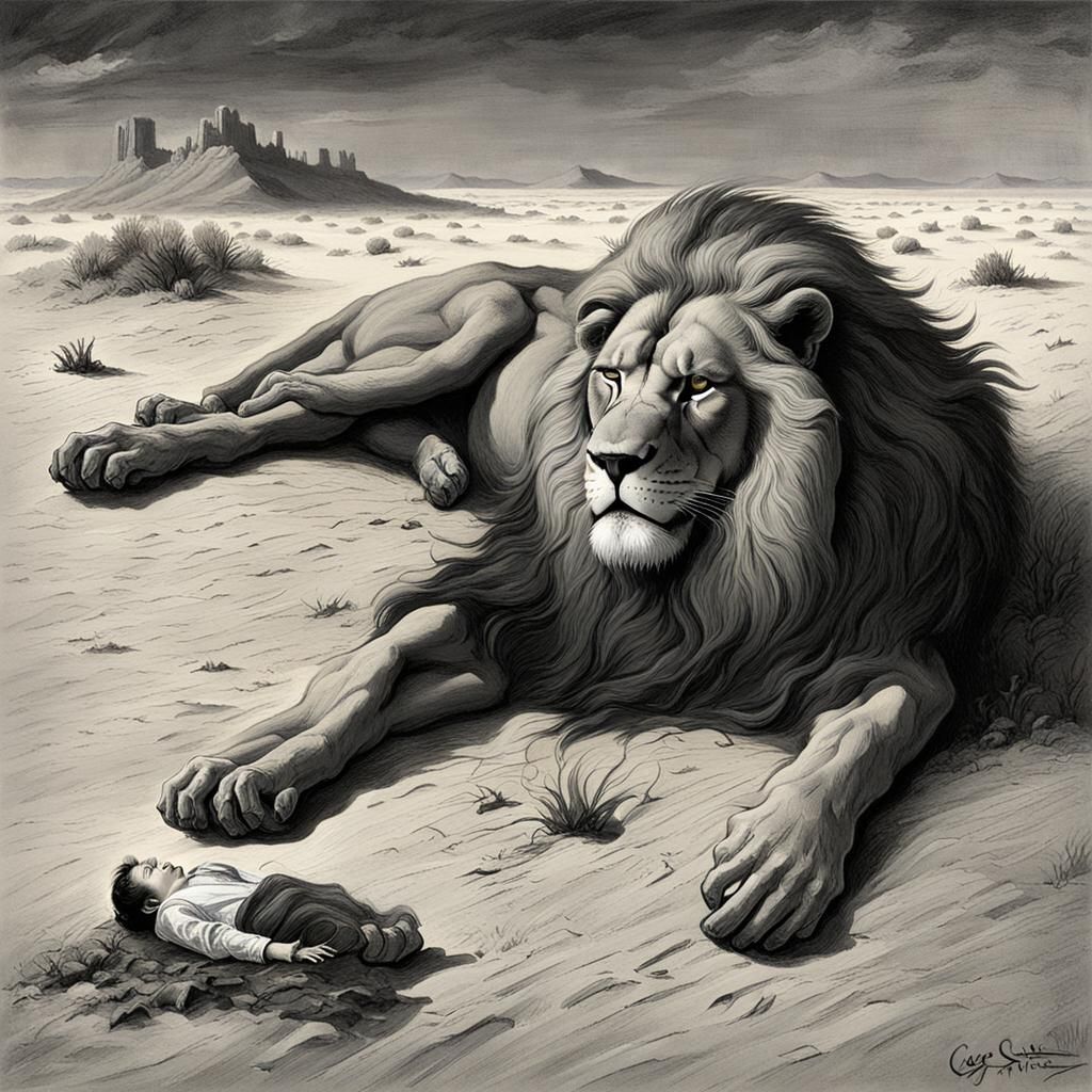 Mafia Lion Man Asleep in Desert Horror