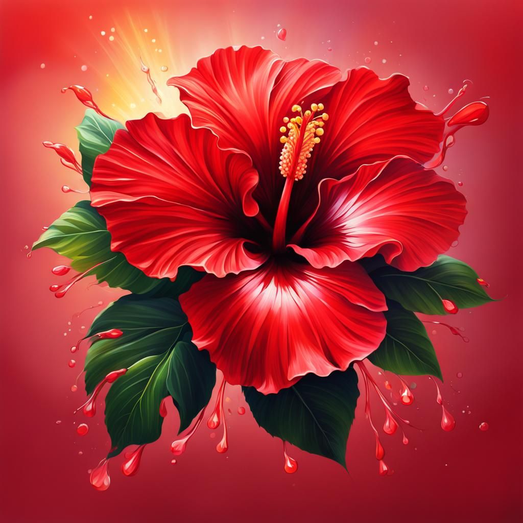 Hyperrealistic Red Hibiscus Flower Splash Art