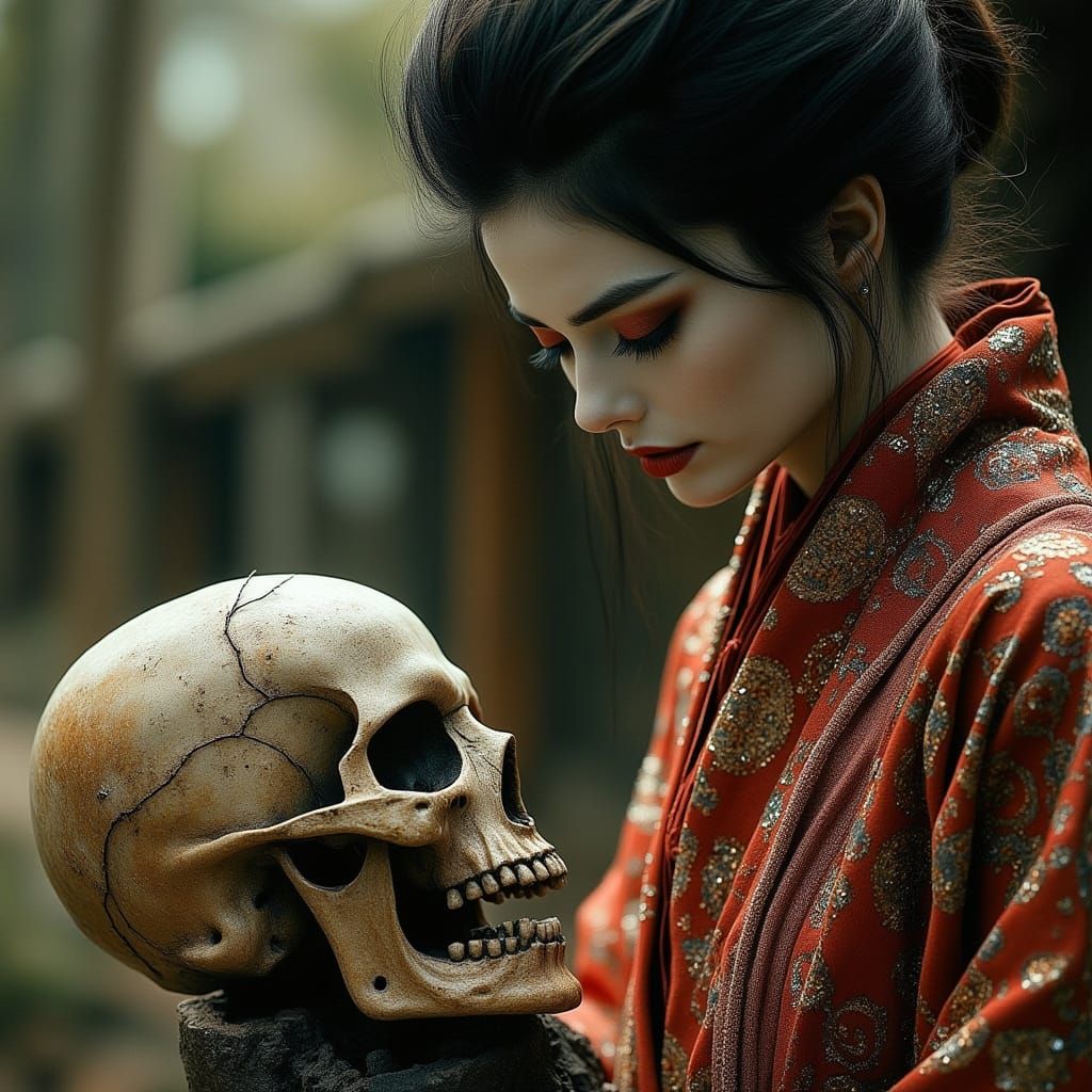 Woman and Skull in Kimono, Dark Cinematic Art