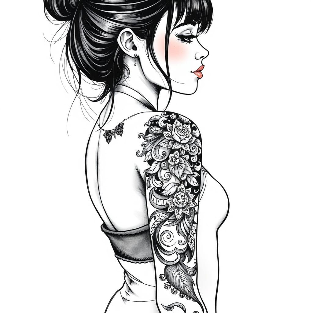 Girl with Tribal Tattoo Art, Detailed Digital Painting