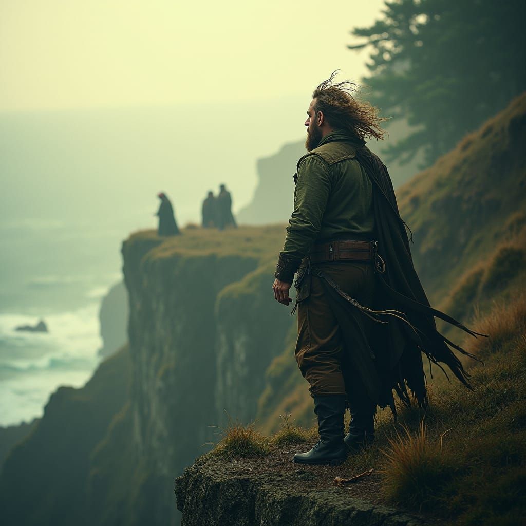 Outdoorsman on Windswept Cliff, Cinematic Style