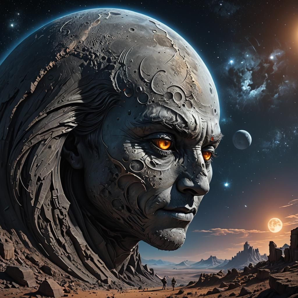 Anthropomorphic Moon Face in Space, Hyperrealistic Concept A...