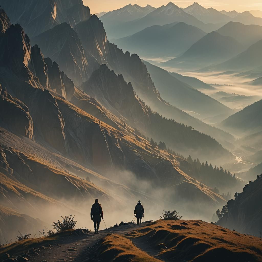 Lone Hiker on Mountain Path at Dawn