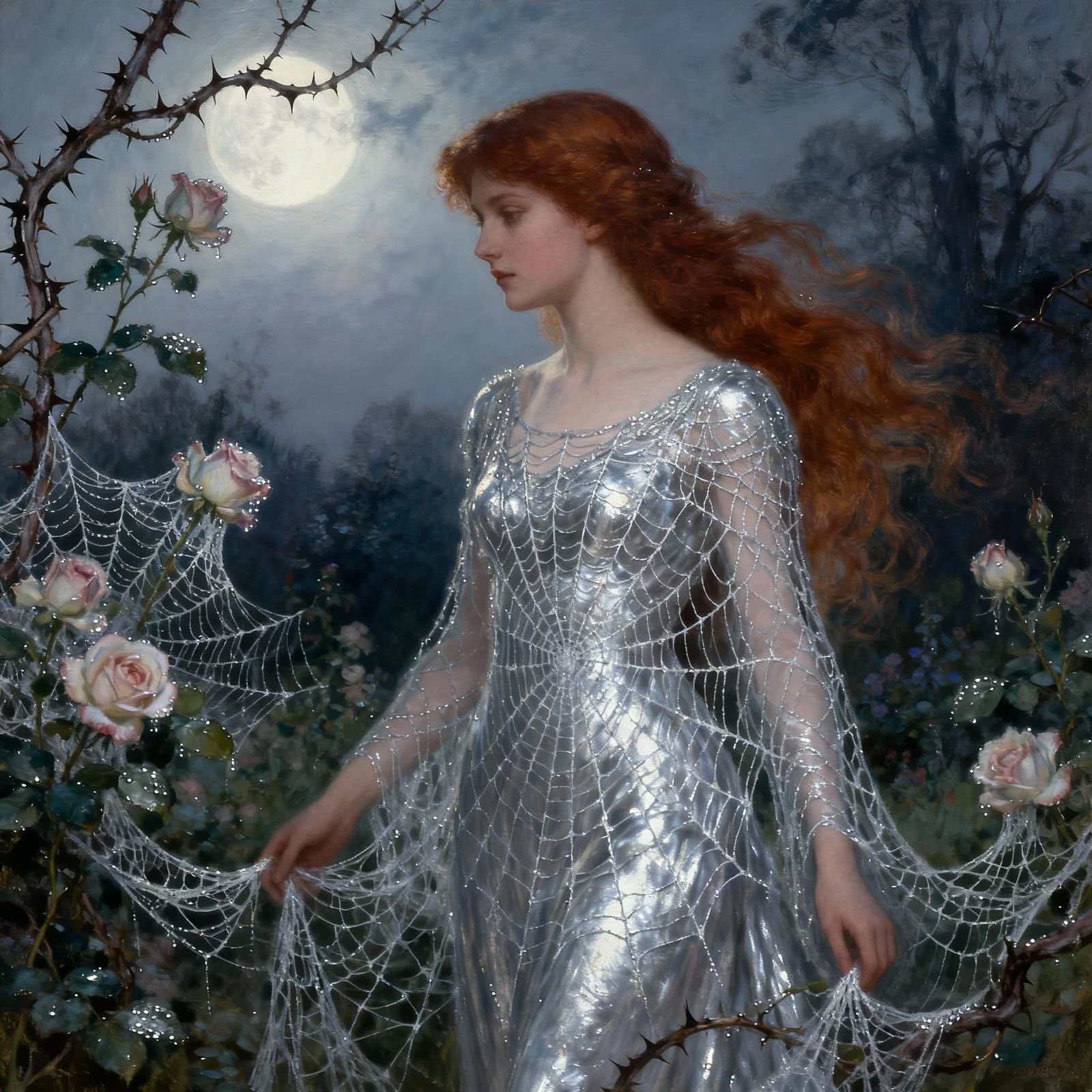 Elegant Pre-Raphaelite Woman in Moonlit Spider Silk Garden