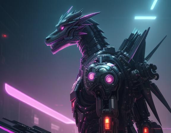 Cybernetic Dragon with Holographic Elements in Cyberpunk Sty...