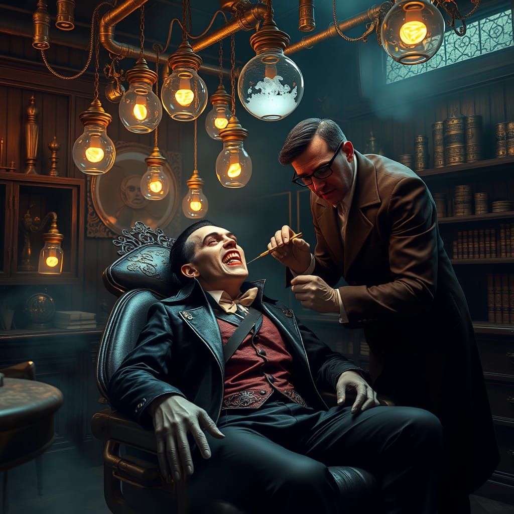 Steampunk Vampire in Dental Chair, Victorian-Era Attire, Lea...
