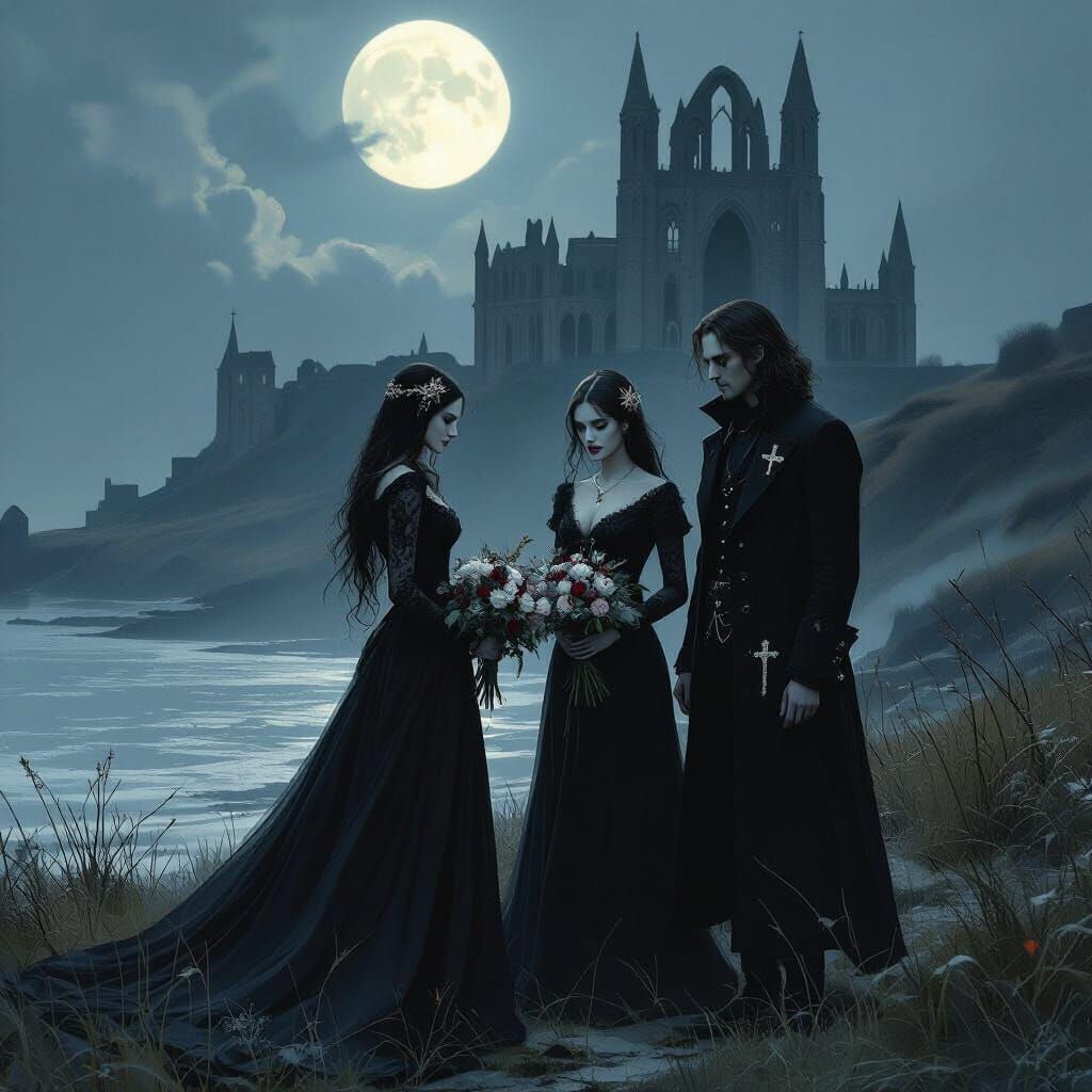 Gothic Mourners at Whitby Abbey in Ethereal Moonlight