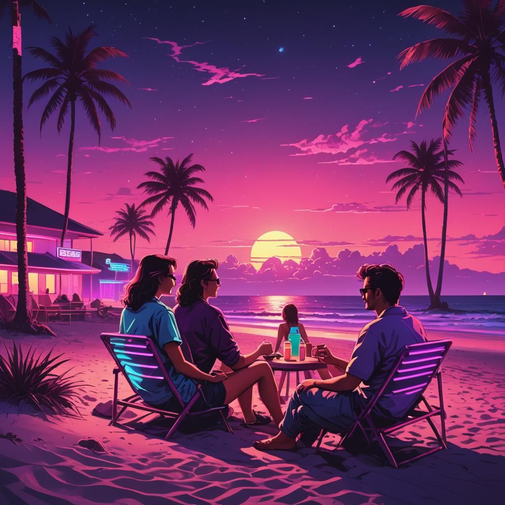 Neon Beach Friends in Synthwave Retro Style