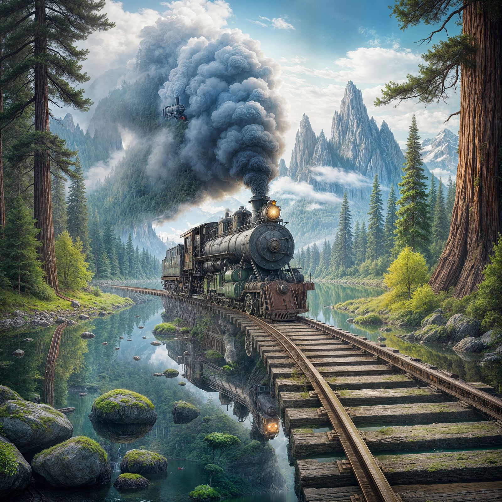 Vintage Steam Train Crosses Mountain Lake in Romantic Realis...