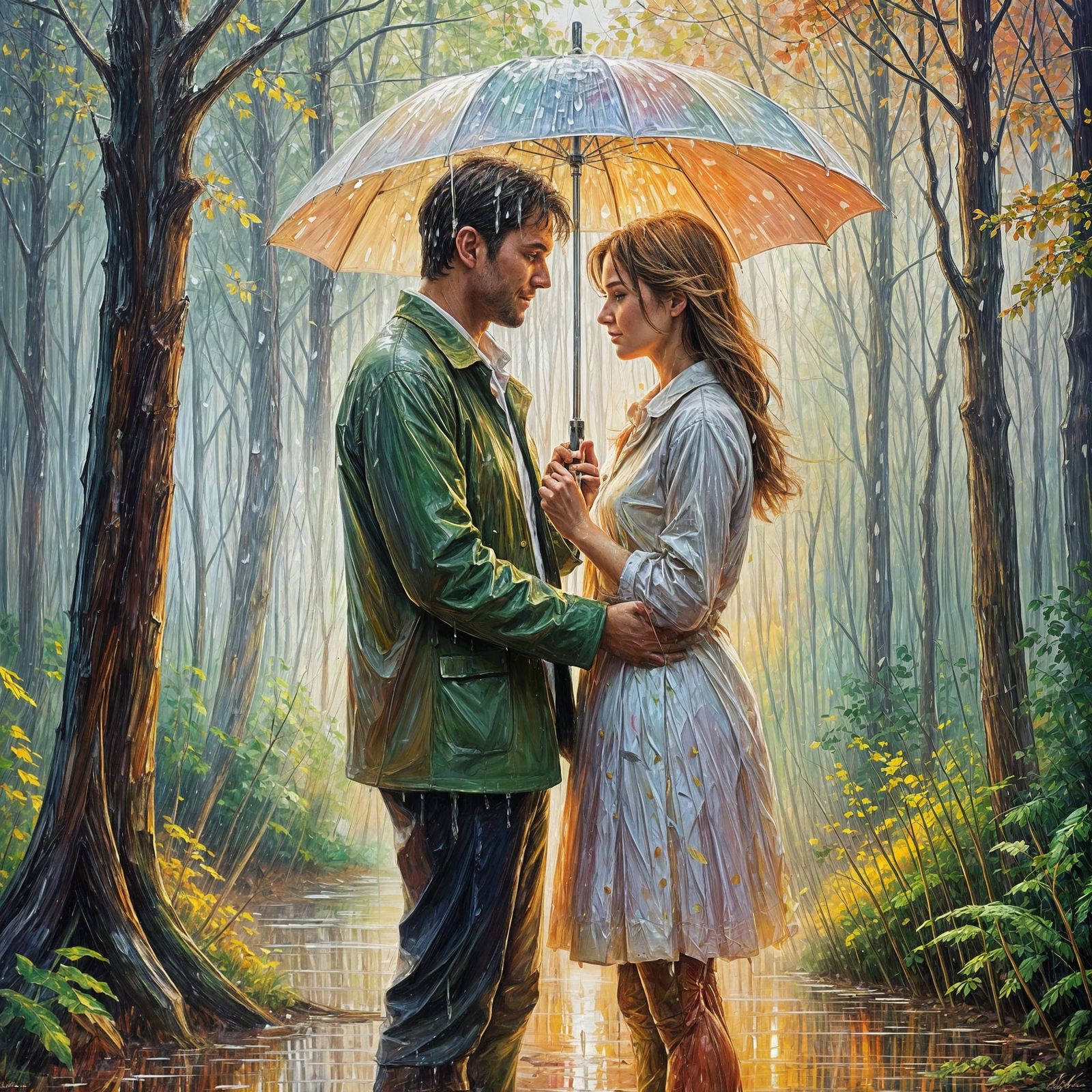 Romantic Rainy Encounter in Vibrant Oil Paints
