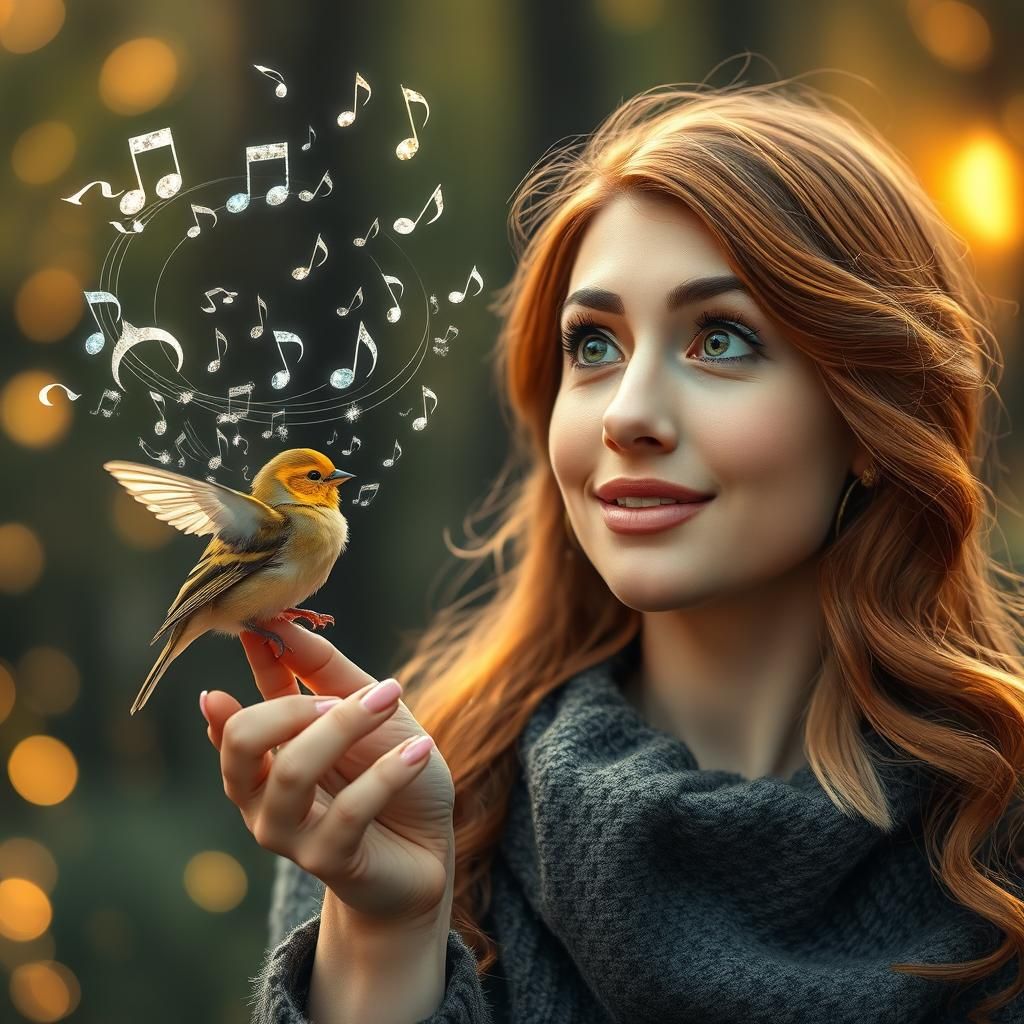Auburn Woman and Canary's Enchanted Song