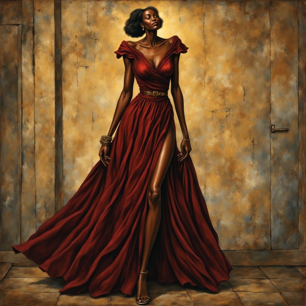 Elegant Black Woman in Maroon Dress, Oil Painting Style