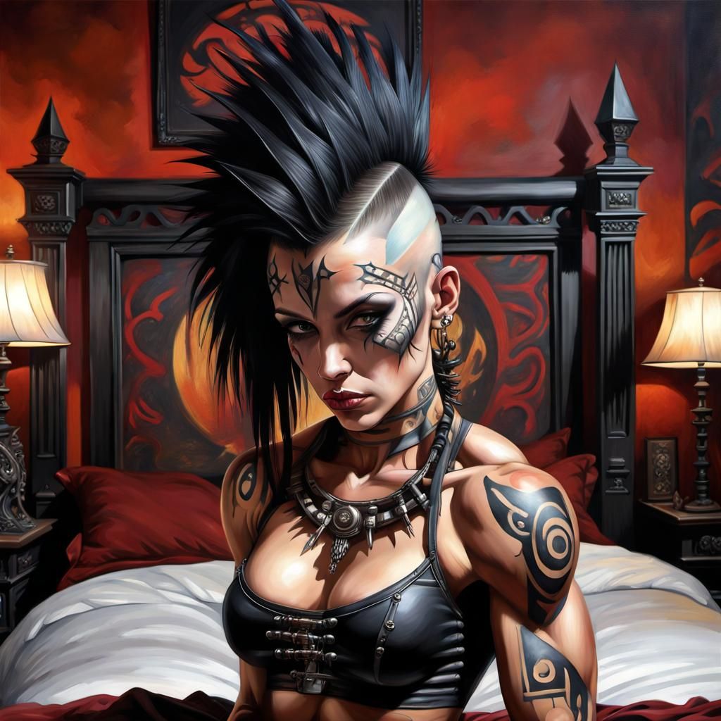 Gothic Woman with Mohawk in Hyperrealistic Oil Painting
