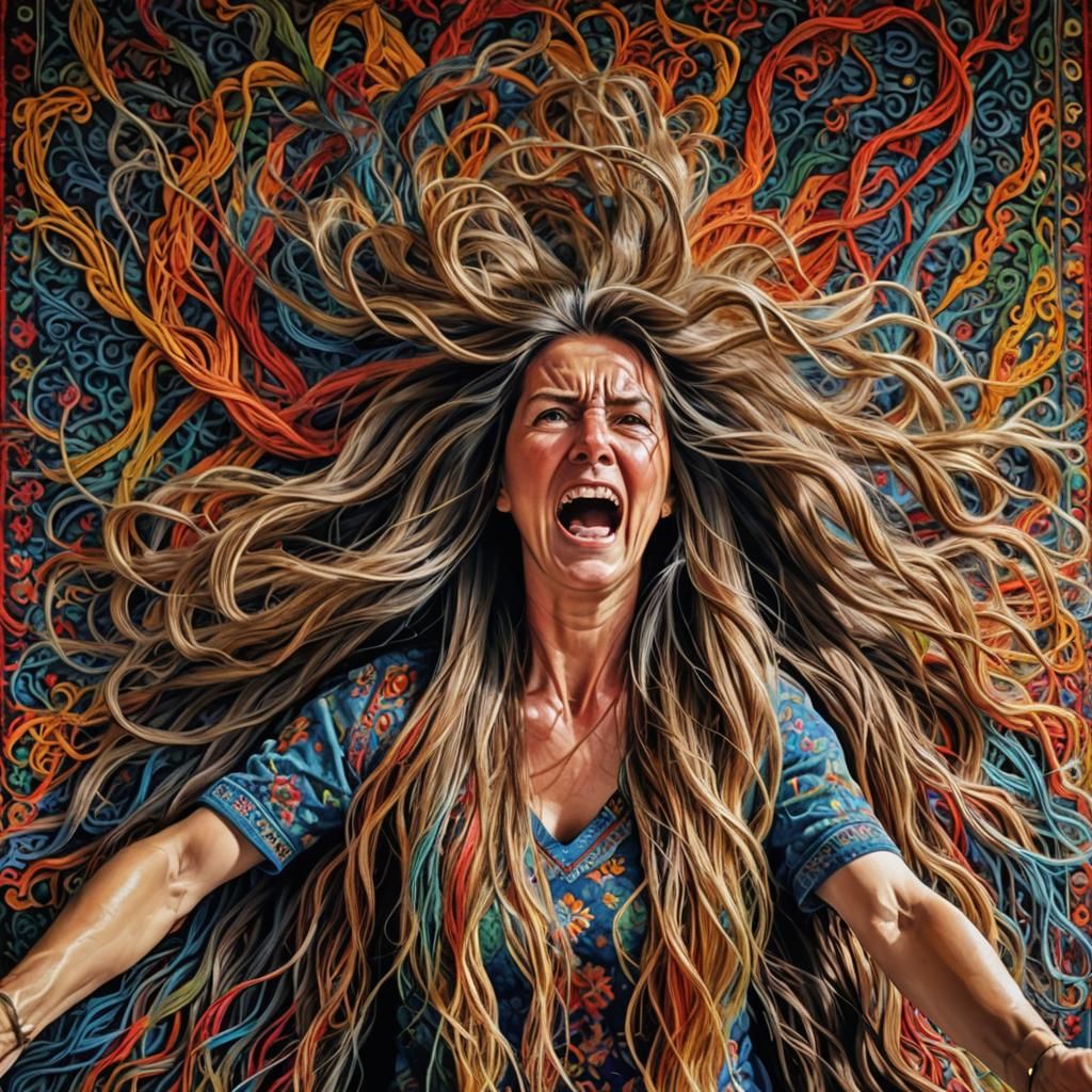 Woman's Hair Weaved into Colorful Tapestry Rug