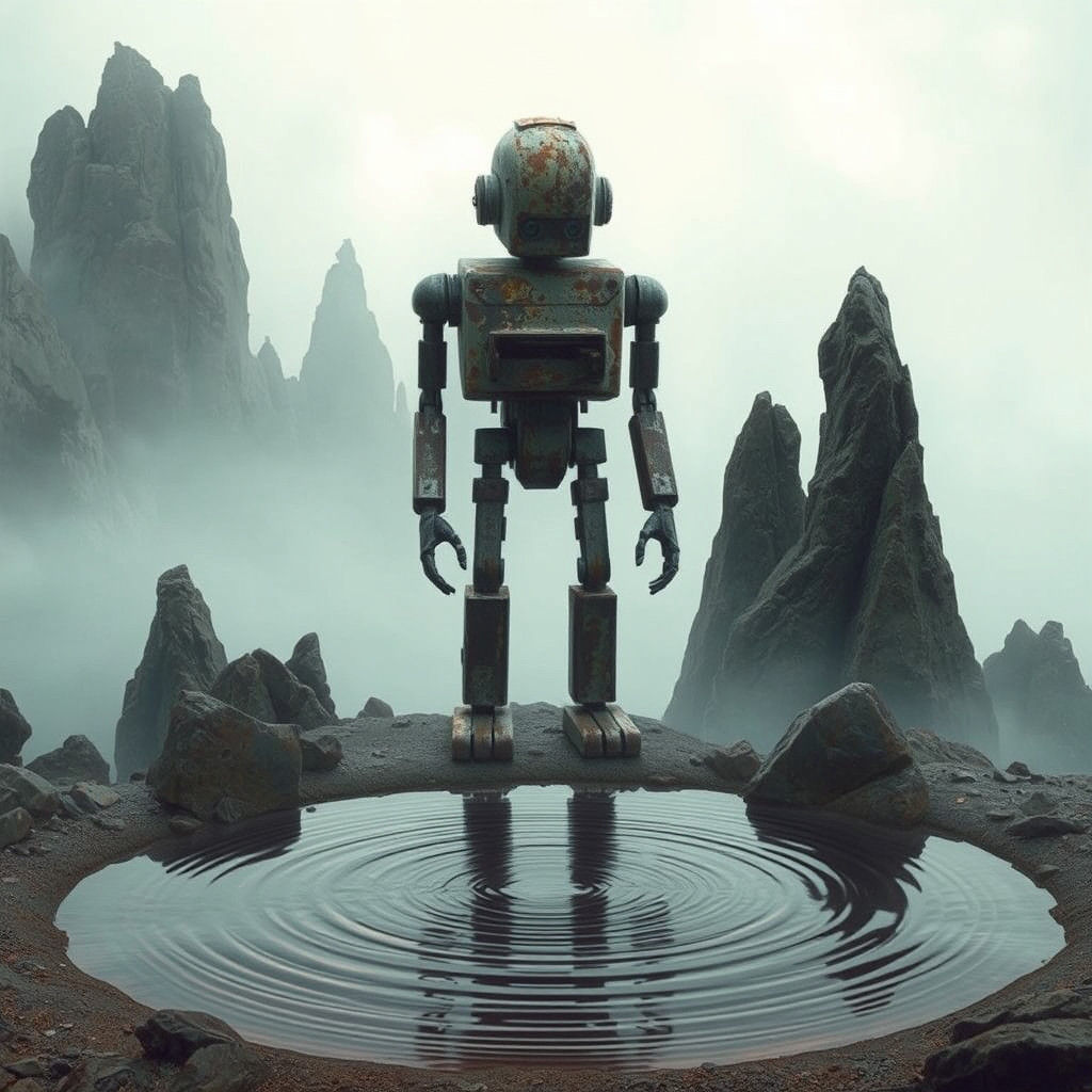 Robot Contemplates Reflection in Surreal Landscape
