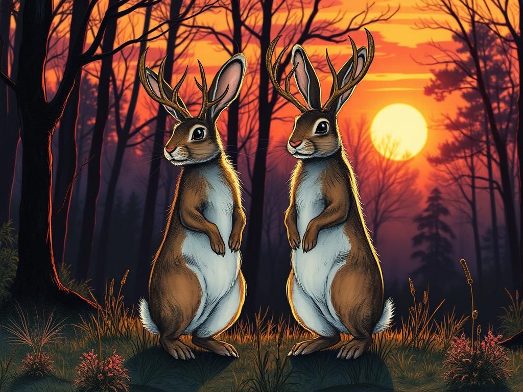Rabbits in Forest Glade, Mystical Fairytale Illustration