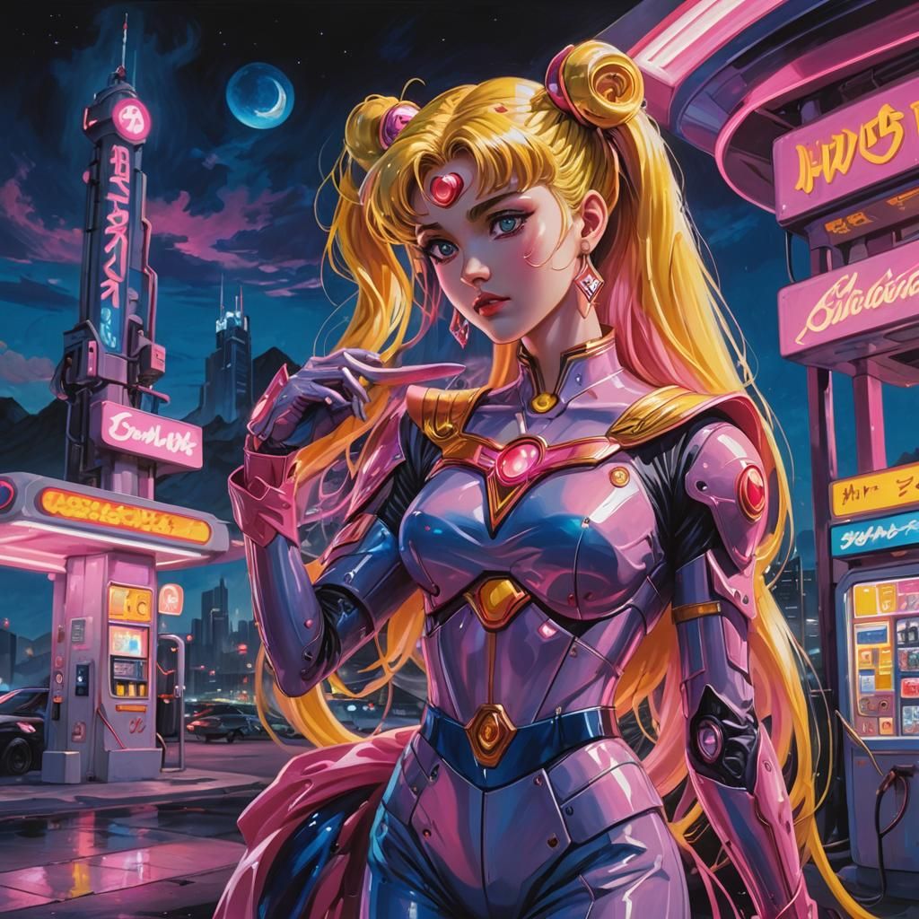 Sailor Moon at Cyberpunk Alien Gas Station