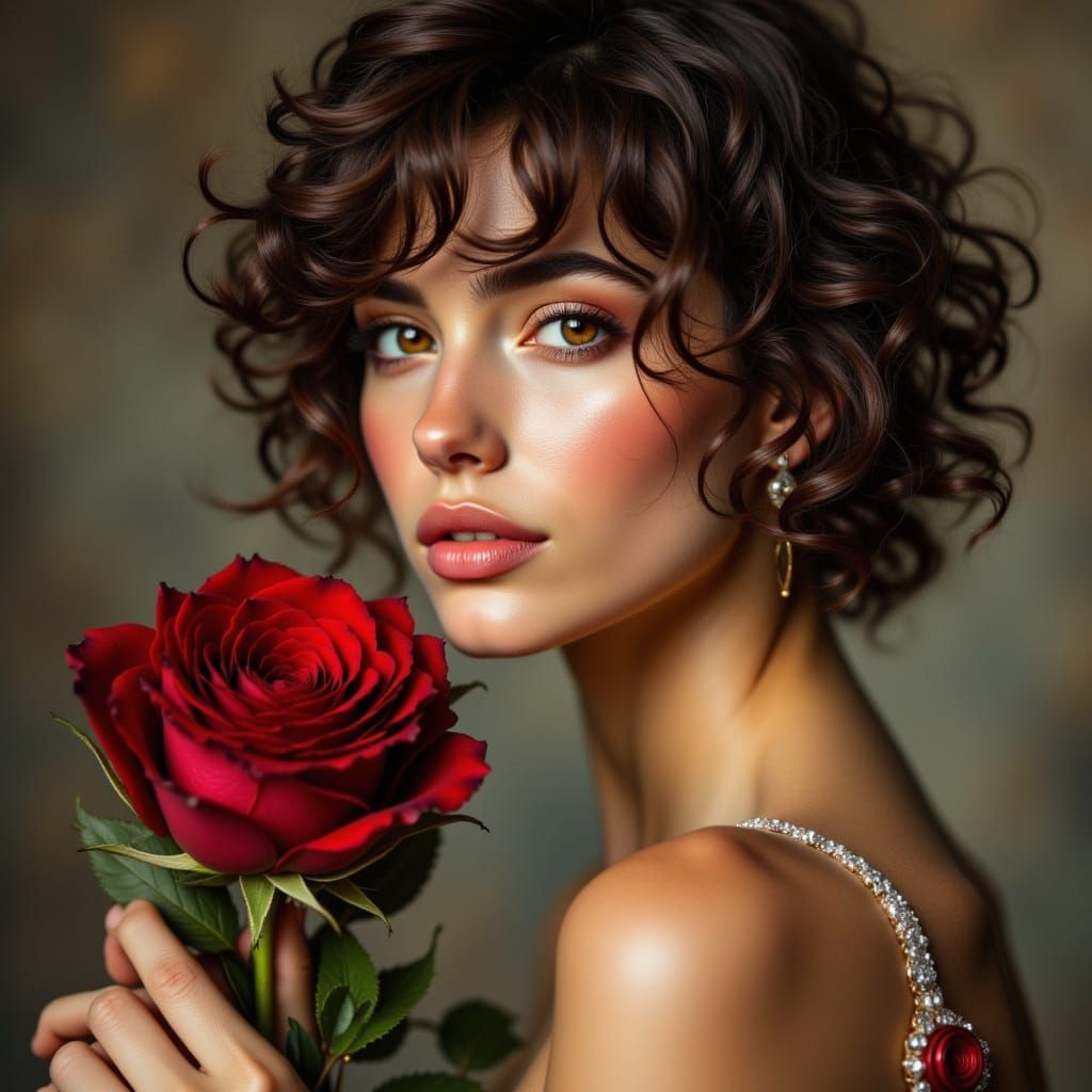 Elegant Woman with Rose in Studio Portrait
