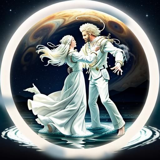 A white lion made from clouds Large MOON and JUPITER in the stary night. JUPITER glowing. Orbs above water.(11.11 dance ...