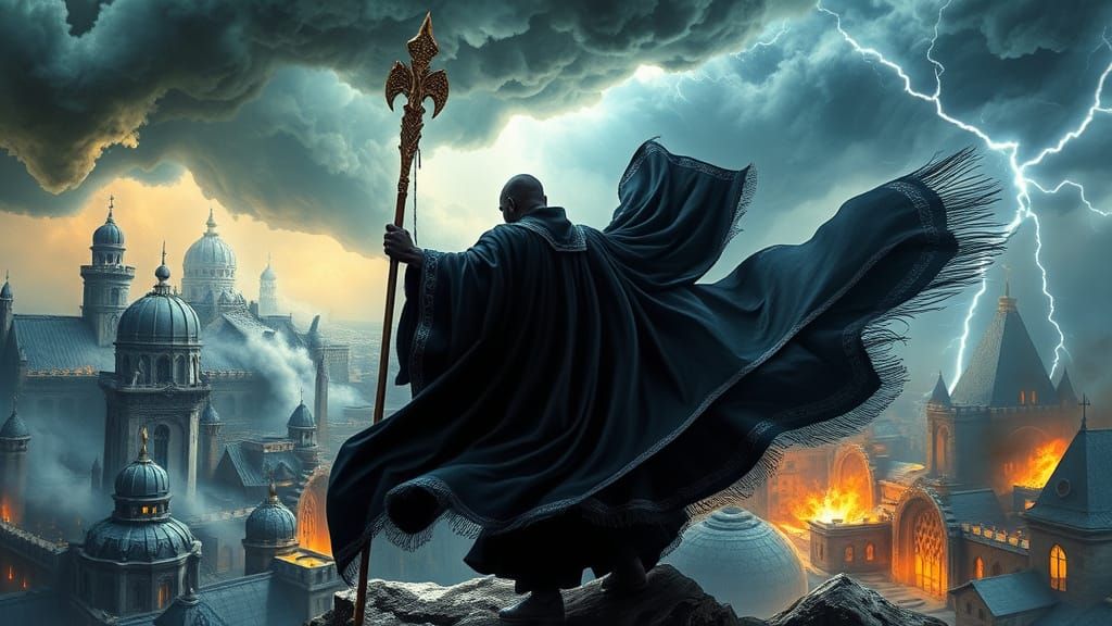 Dark Fantasy Wizard Channels Elemental Fury Amidst Apocalypt...