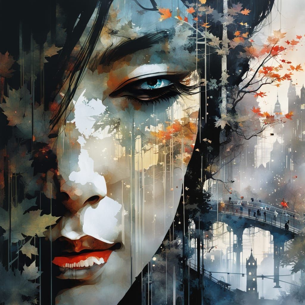 Galaxy Dripping into Autumn Cityscape: Double Exposure