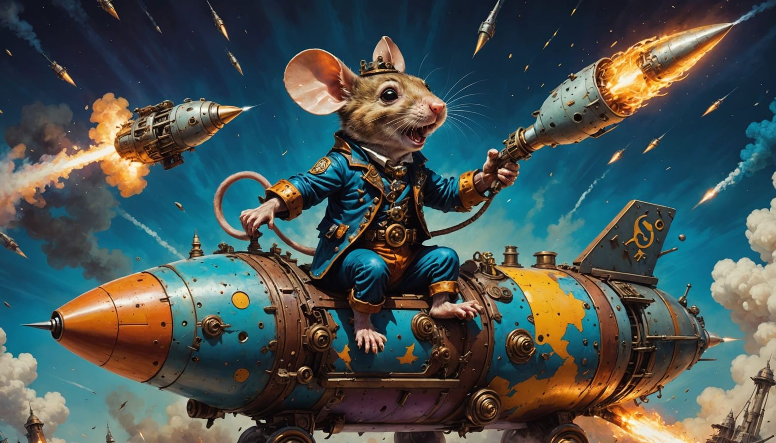 Surreal Steampunk Mouse in Flight on a SpaceX Rocket