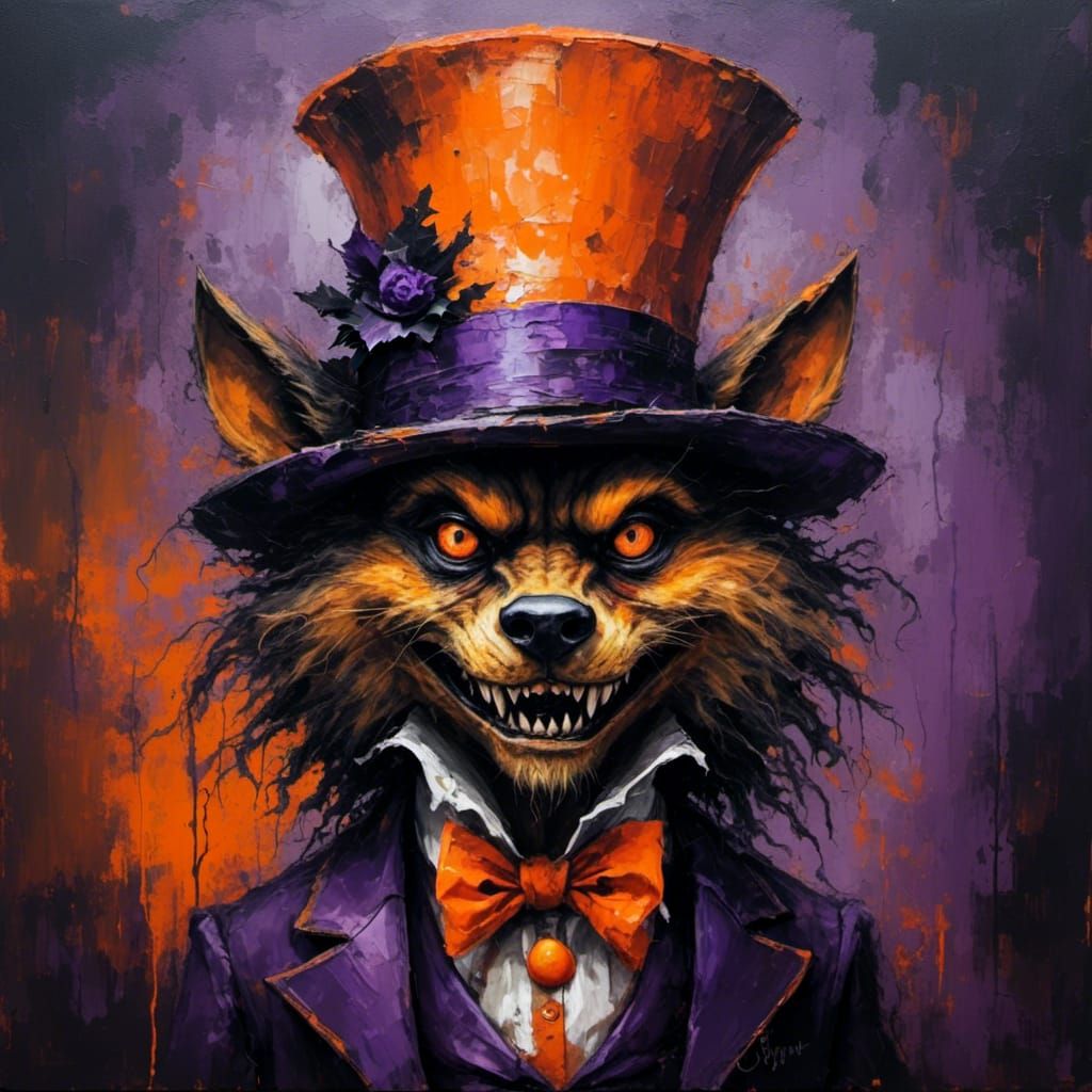 Surreal Halloween Werewolf with Orange Hat