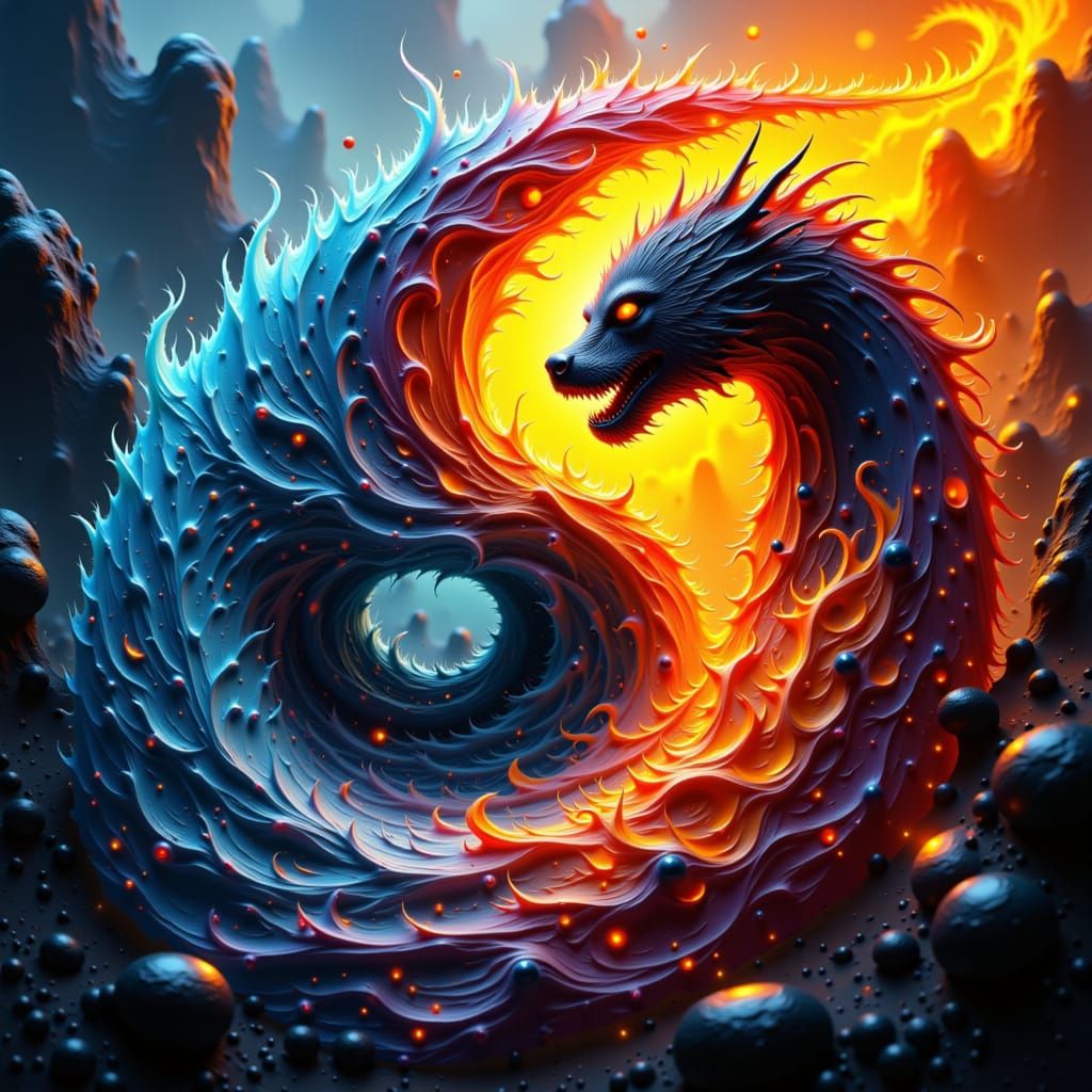 Yin Yang River and Lava Creatures in Fiery Harmony
