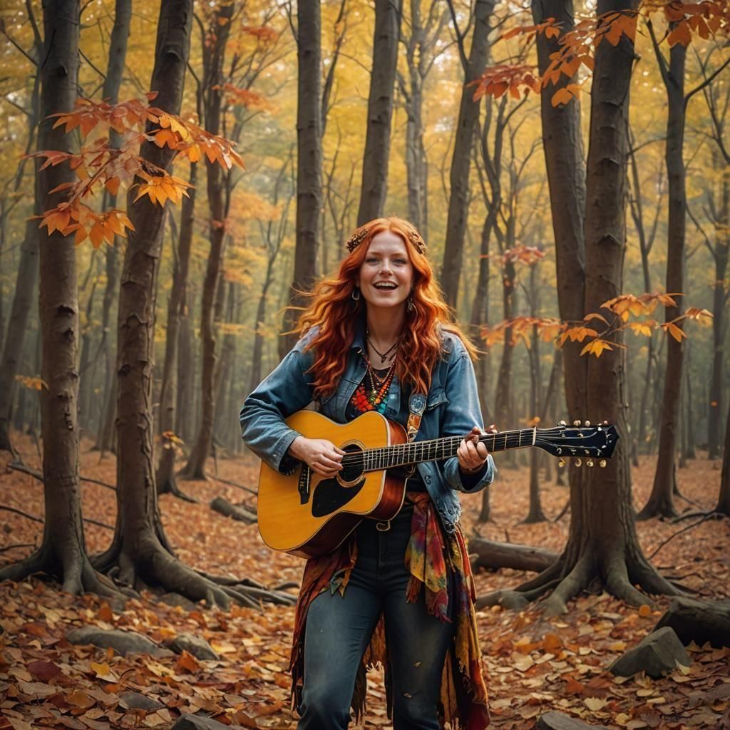 Red-Headed Rock Singer in Autumn Forest, Photorealistic