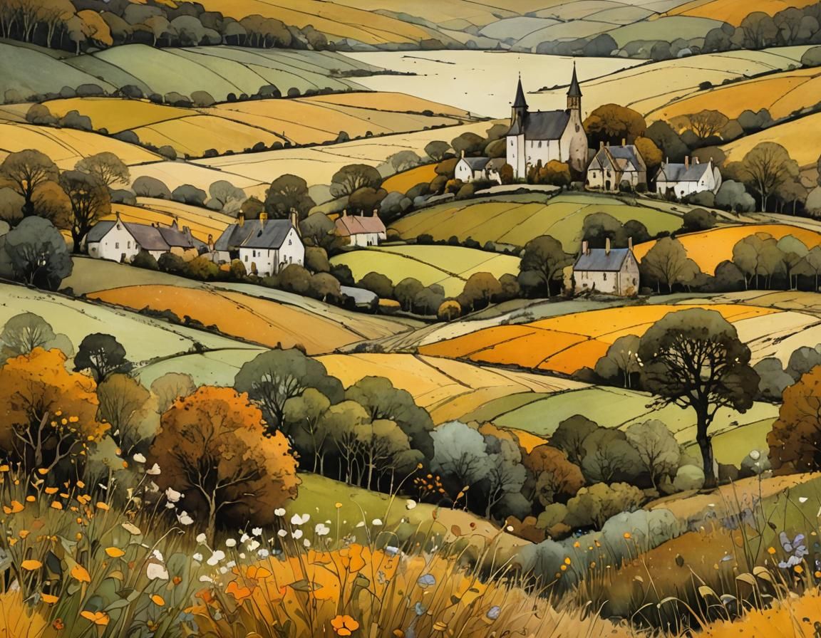 Amber Hued English Countryside Whimsical Illustration