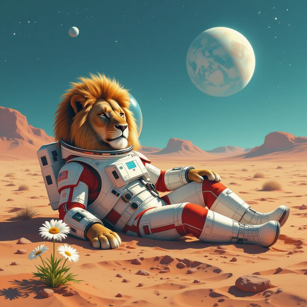 Lion Astronaut on Distant Planet in Sci-Fi Style