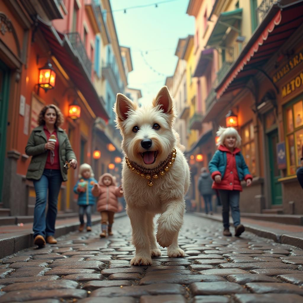 Regal Dog Struts Down Cobblestone Street
