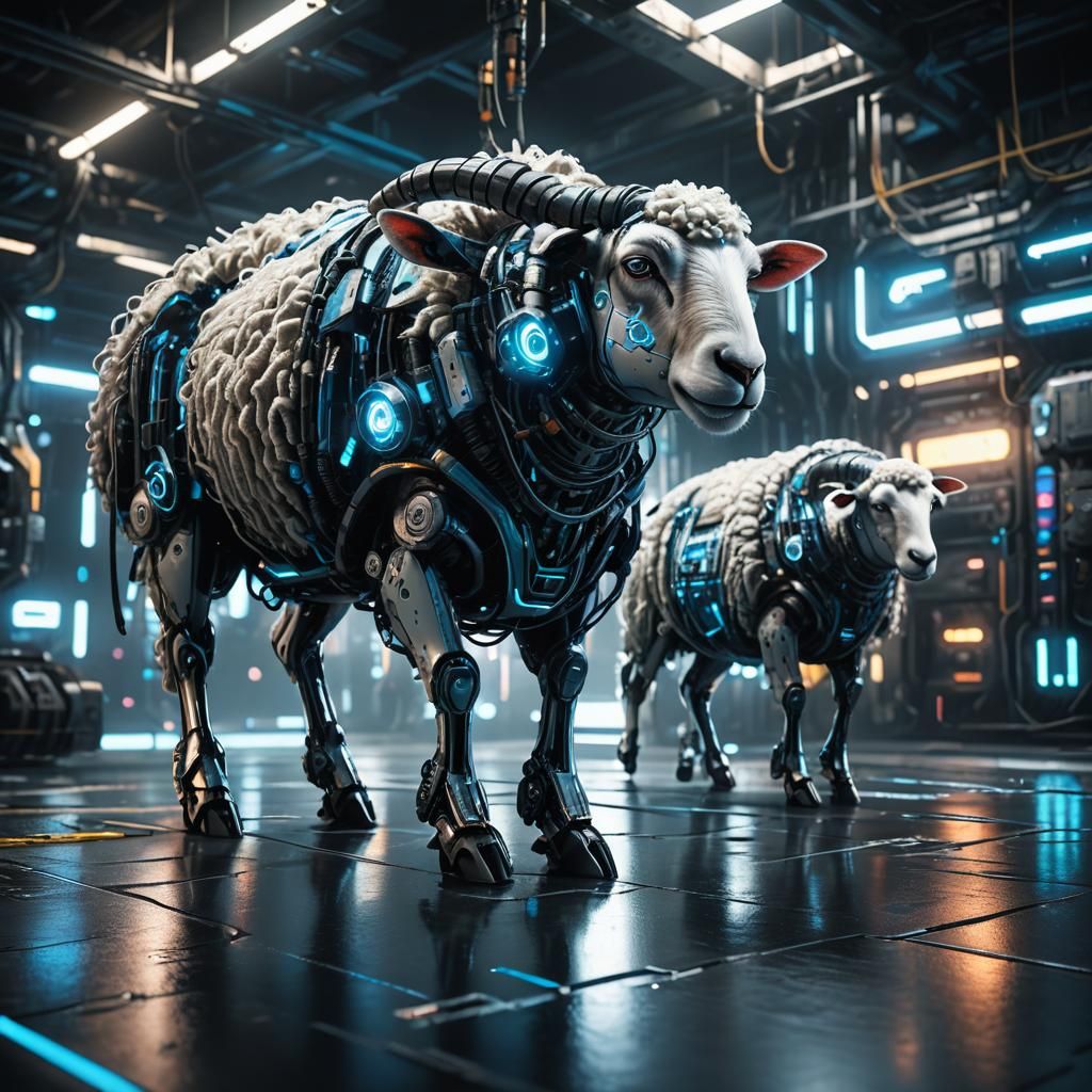 Cyberpunk Sheep with Glowing Circuits in Sci-Fi Art