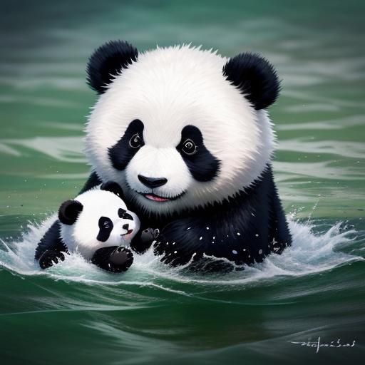Charming Panda and Baby Playing in Water