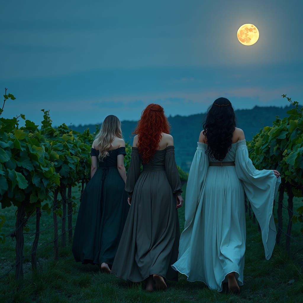 Medieval Women Stroll Through Vineyard at Dusk