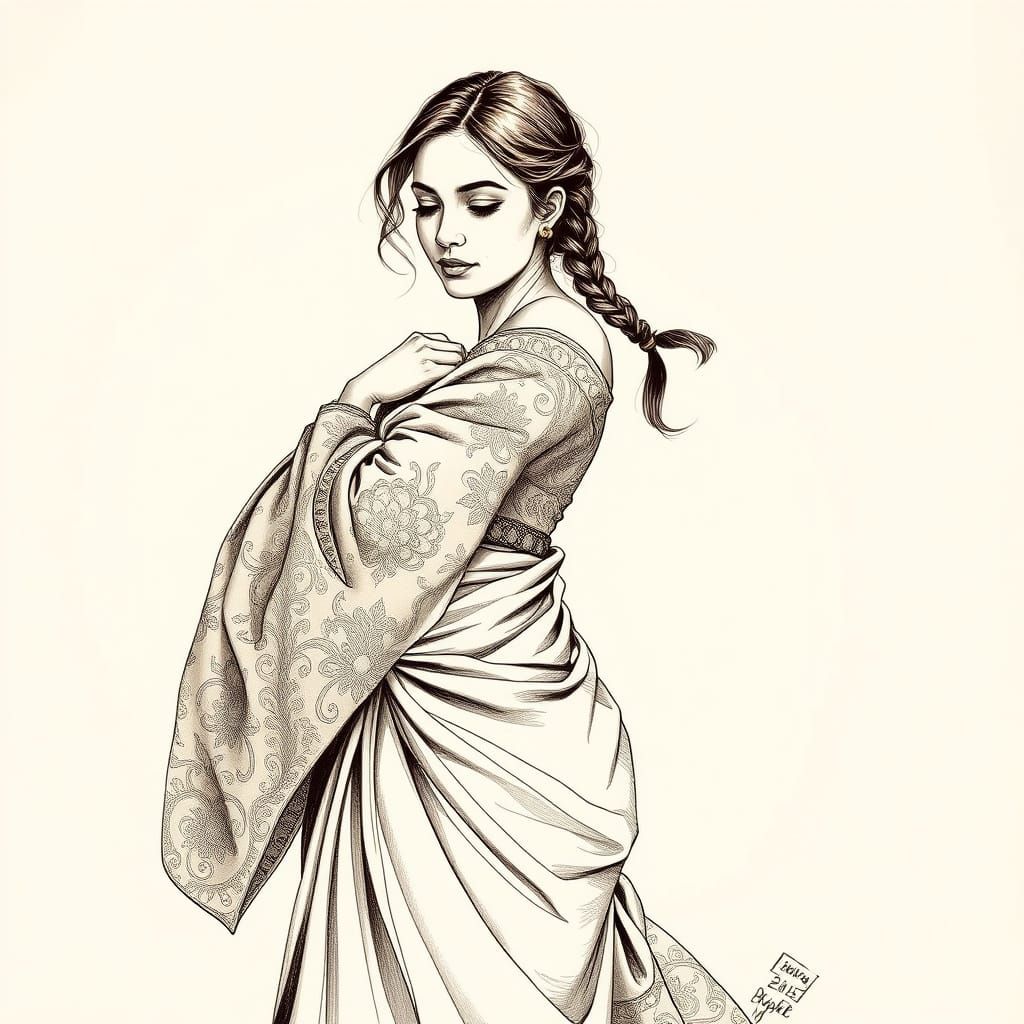 Pen and ink drawing of a young woman, likely South Asian, in her late teens or early twenties, posed in a dynamic, grace...