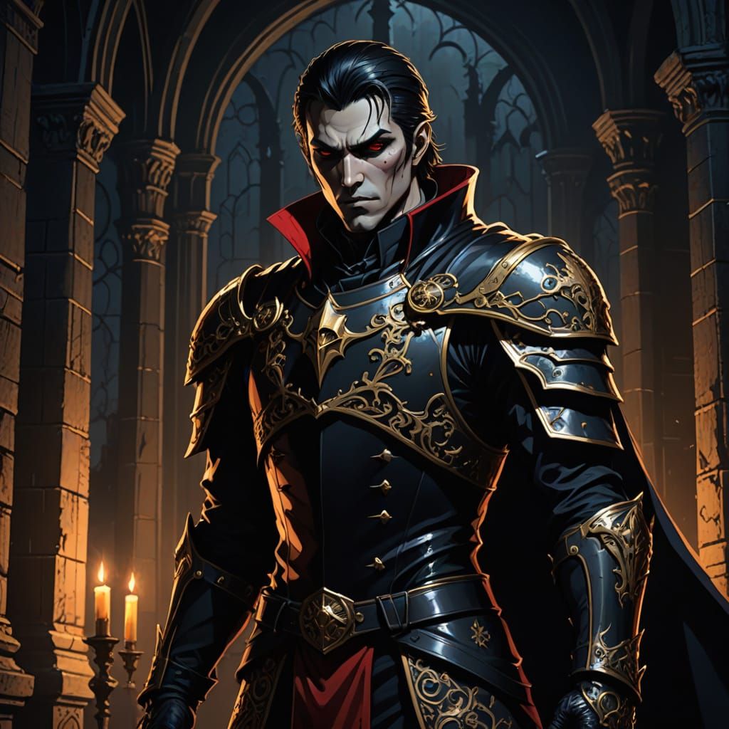 Dark Fantasy Vampire Warrior in Gothic Castle