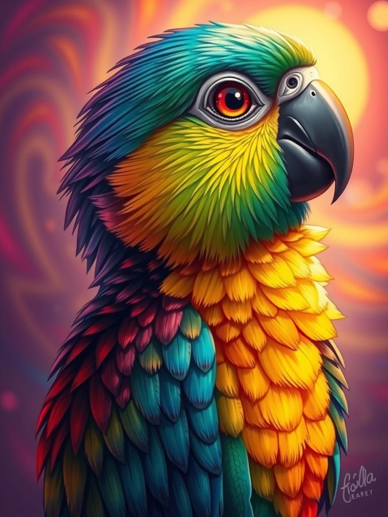 Chibi Parrot in Vibrant Fantasy Art Style