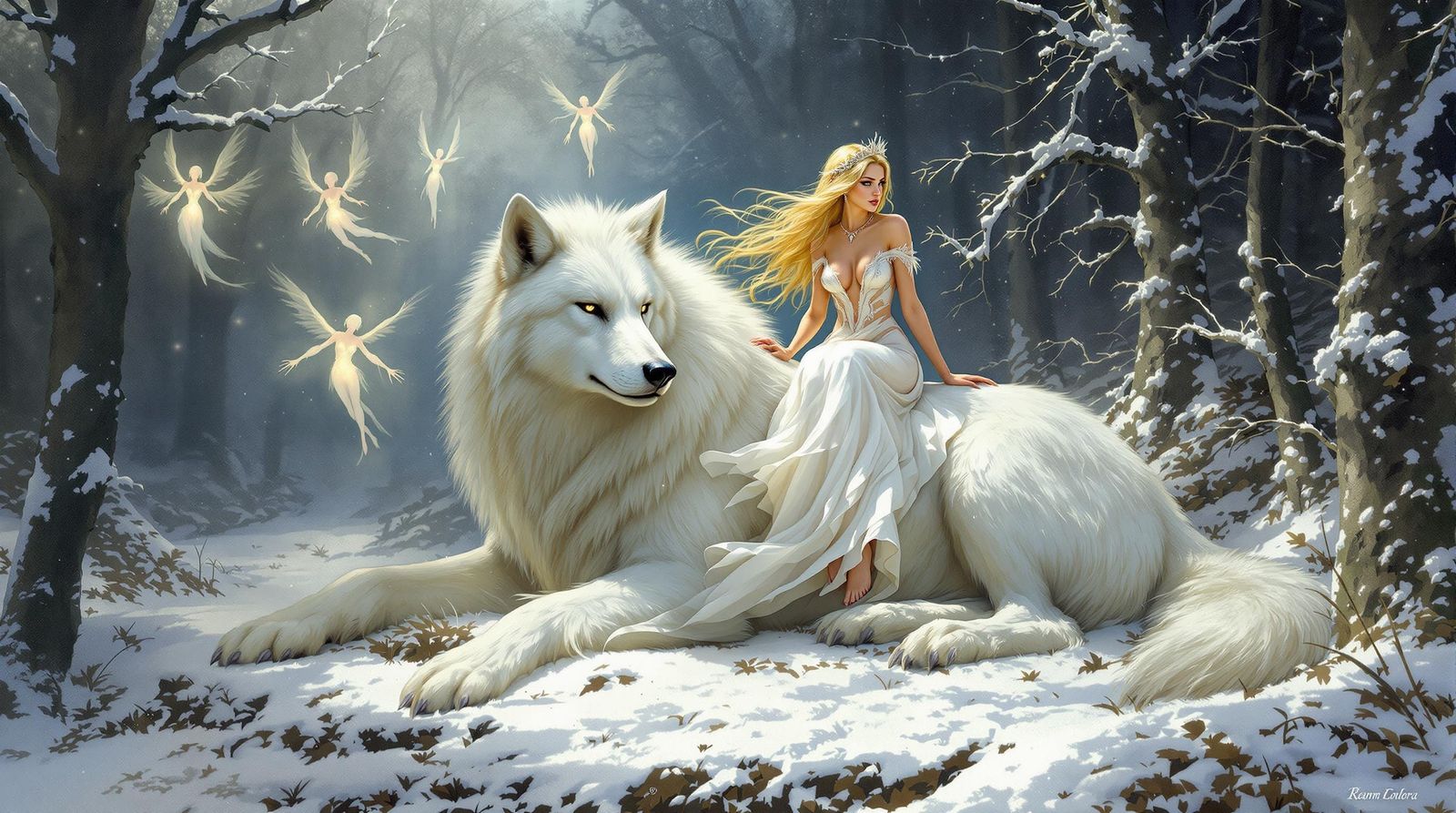 Fantasy Forest Goddess with Majestic Wolf in Snowy Wonderlan...