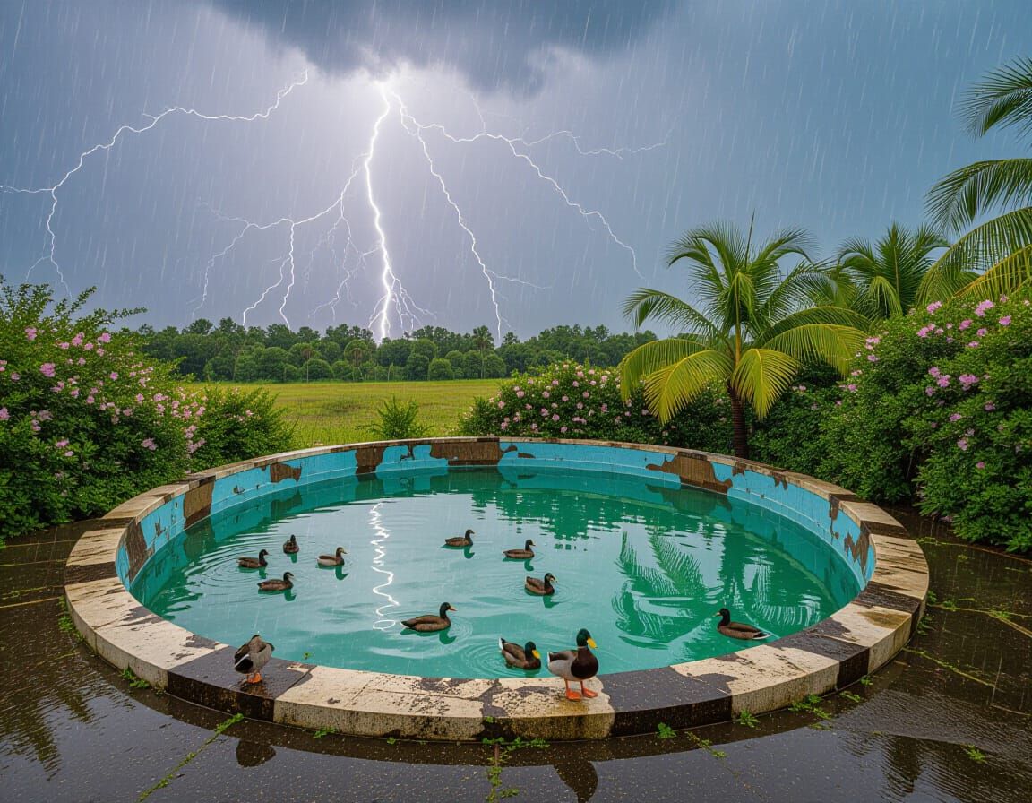 Ducks in Abandoned Pool During Thunderstorm