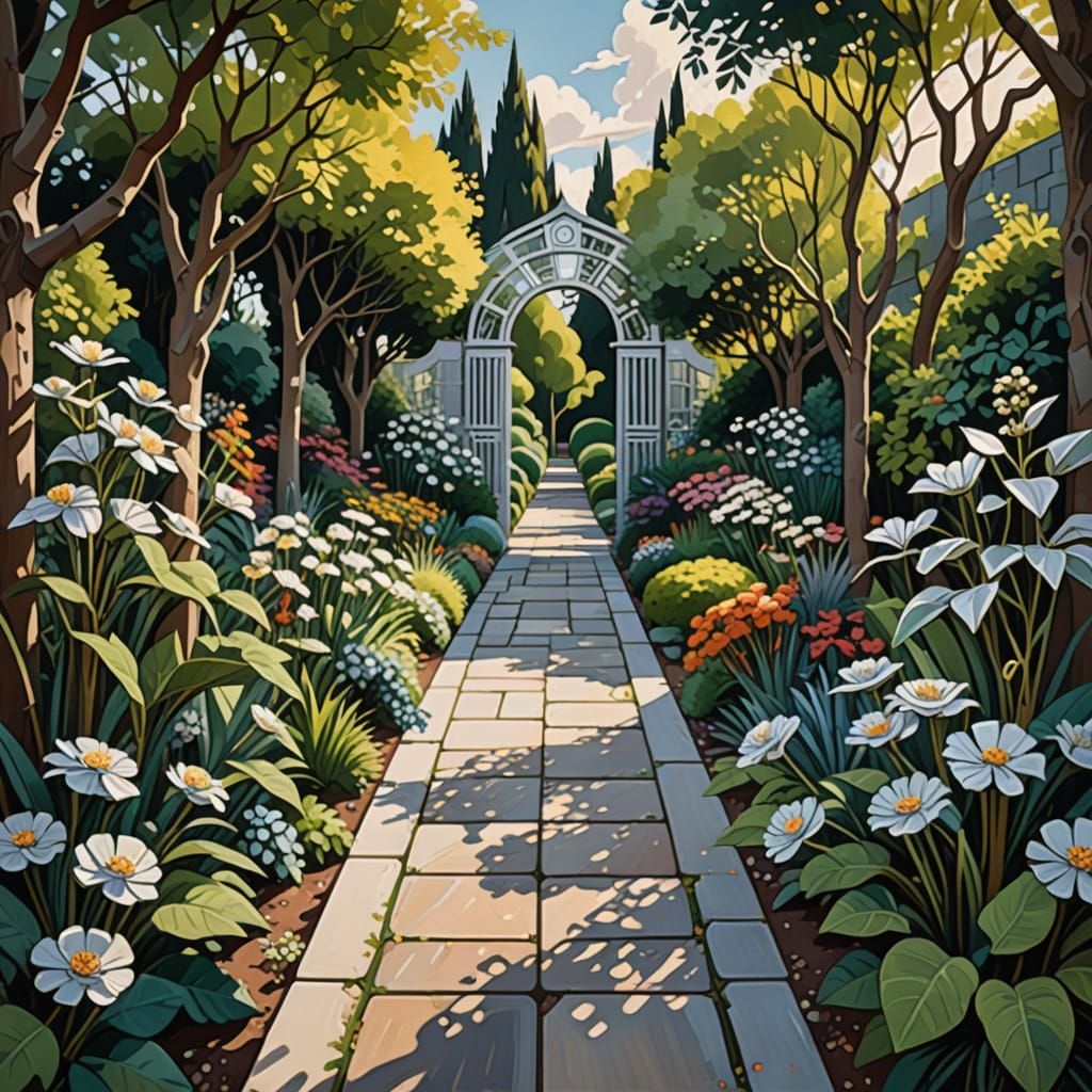 Neo-Cubist Garden Path with Silver Flowers