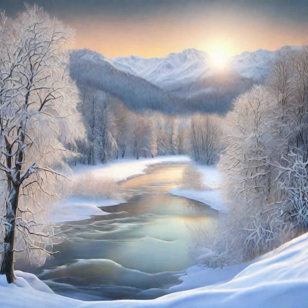 Angelic Figure Over Winter River, Hyperrealistic Fantasy Art