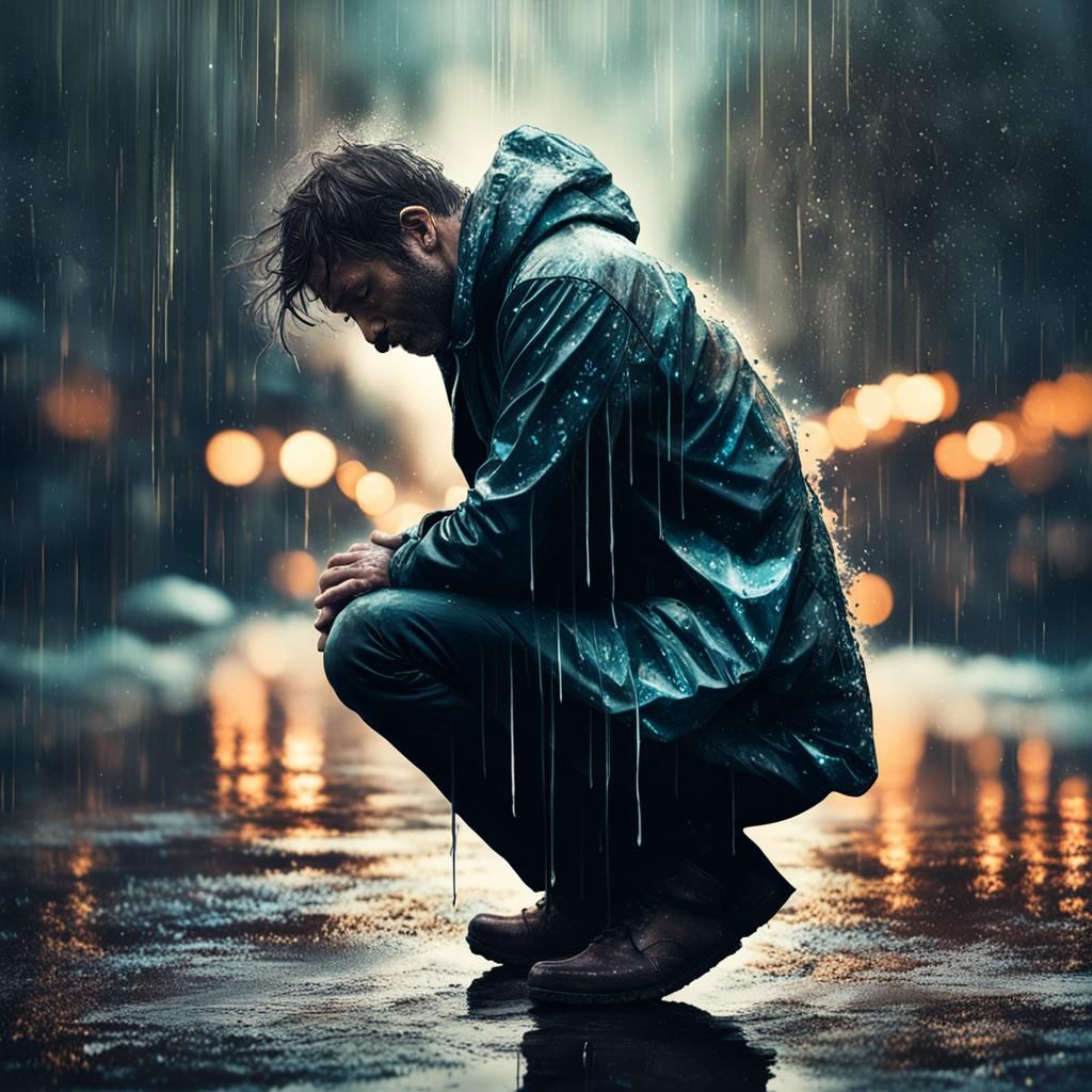 Man Kneeling in Rain: Digital Ink Splatter Art