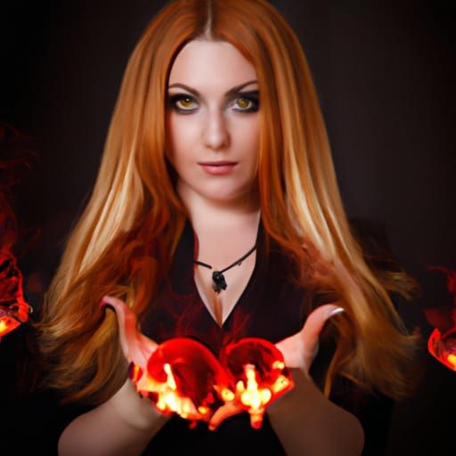 Beautiful Girl Master of Black Magic with Flaming Orbs