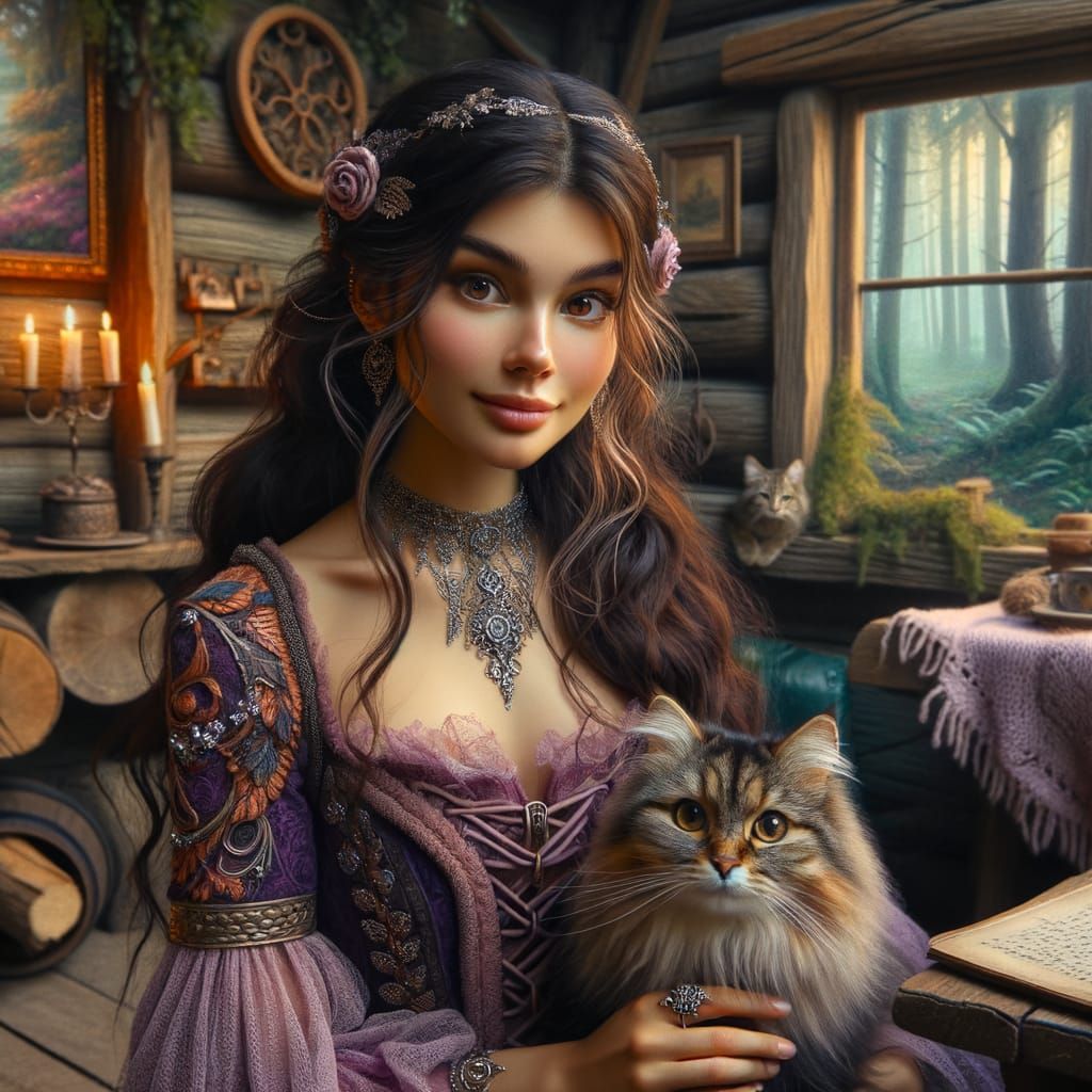 Hispanic Woman with Cat in Fantasy Cabin