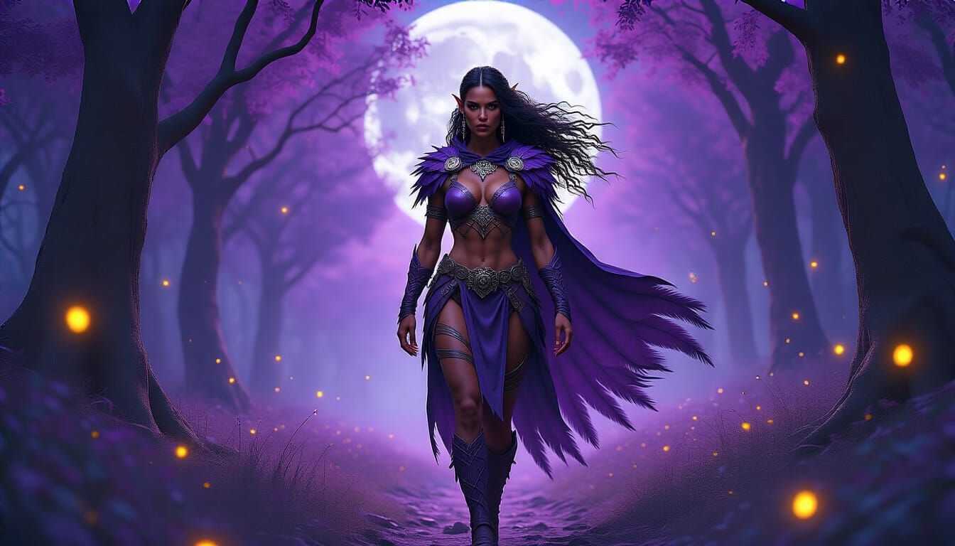 Elven Huntress in Violet Armor Under Moonlight