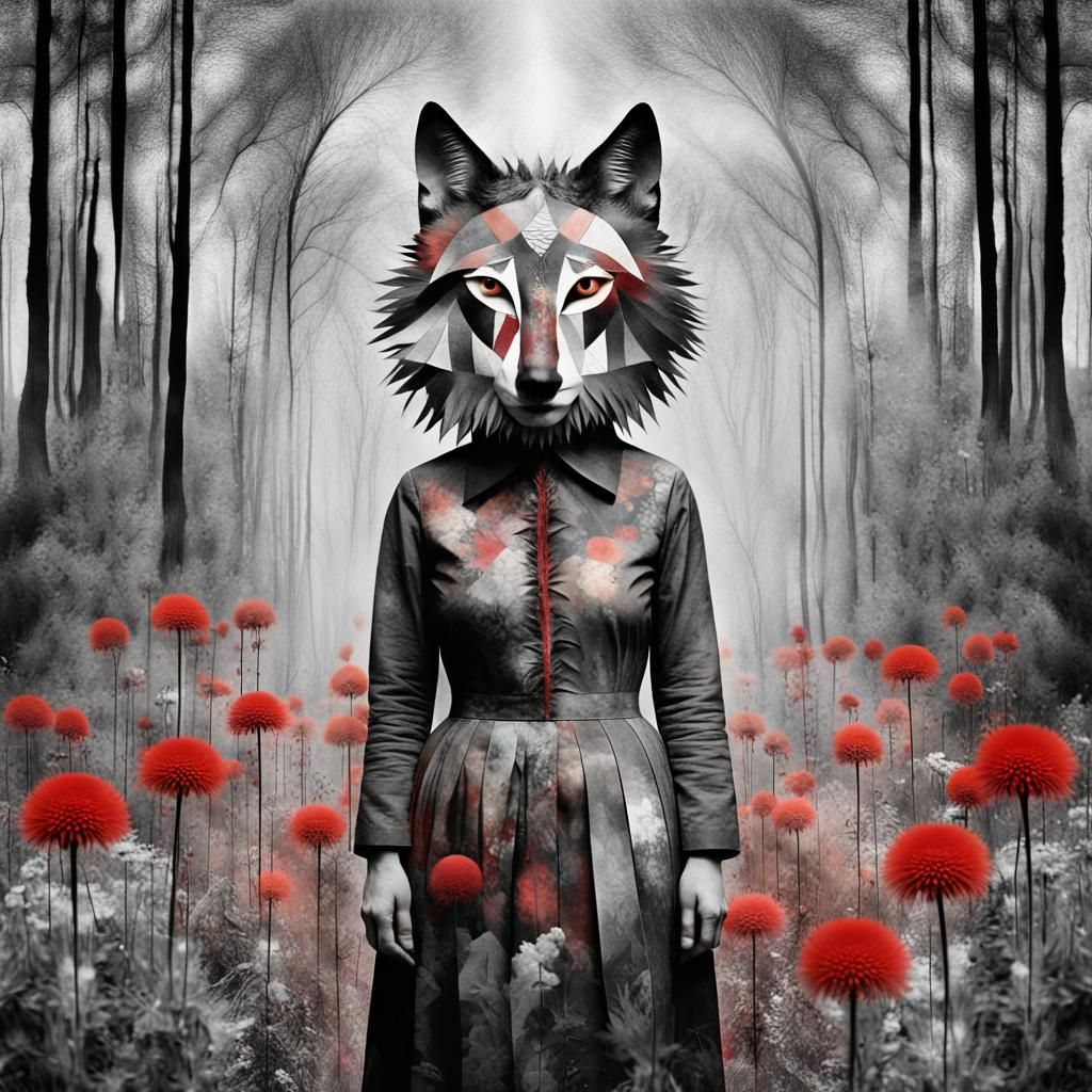 Wolf in Forest: Double Exposure in Surrealist Style