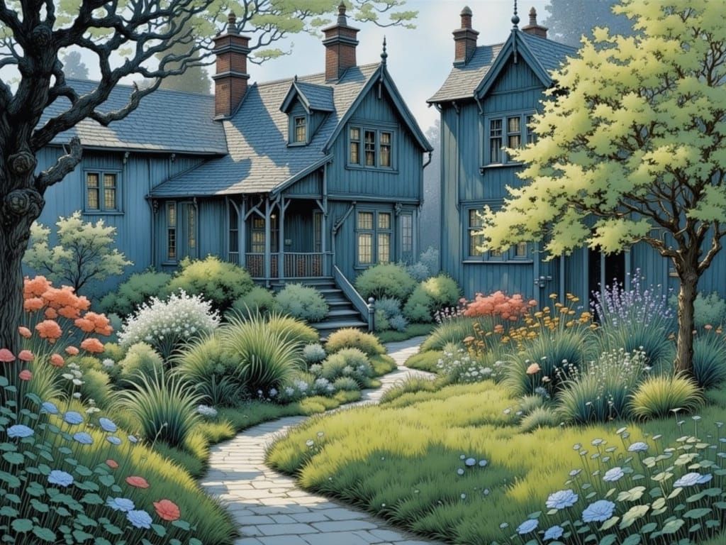 Whimsical Garden Scene in a Mysterious, Intricately Detailed...