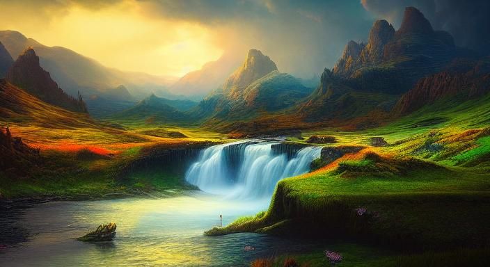 Irish Countryside Landscape with Rainbow, Fantasy Concept Ar...